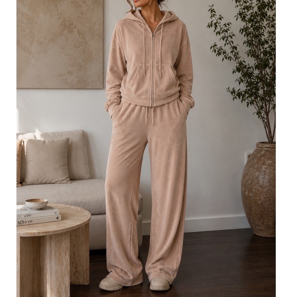 Jones New York Sport Velour Tracksuit Set Beige Tan Zip Hoodie Wide Leg Pants mm
